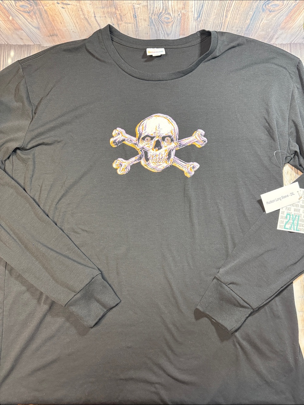 LuLaRoe Black Long-Sleeve Tee with Yellow-Accent Skull & Crossbones